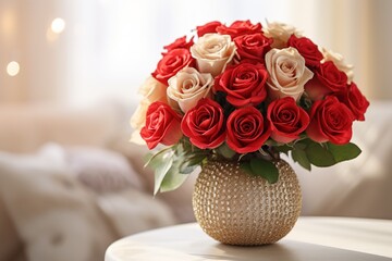 Wall Mural - closeup of a beautiful bouquet of red and pink roses flowers in a stylish vase with interior of white living room on blurred background