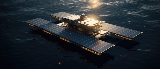 Wall Mural - A floating solar panel platform system on a lake seen from above.