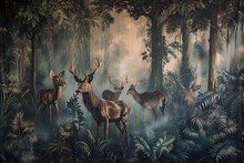 Wallpaper Forest With Deers, Animals And Birds - Old Drawing Vintage