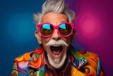 Fototapeta  - Portrait of cheerful elderly gray-haired bearded grandfather in funny sunglasses and bright extravagant clothes on plain black background. Retired hipster, seniors party, carnival. Cool senior man 