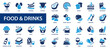 Food & drinks flat icons set. Restaurant, meal, meat, vegetables, fish, dishes, fruit, milk, pizza icons and more signs. Flat icon collection.
