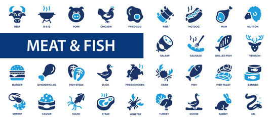 Meat, poultry, fish flat icons set. Chiken, steak, hotdog, eggs, BBQ icons and more signs. Flat icon collection.