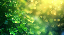 Green Leaves In Sunlight, Saint Patrick Day Abstract Background. Green Clover Leaves On Beautiful Bokeh Background , Ai Generated Image