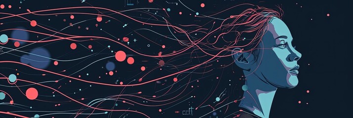 Poster - woman profile with abstract data streams, intersection of human cognition and data science