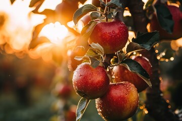 Poster - Sun-kissed apples dripping with water droplets, ready for harvest in the orchard