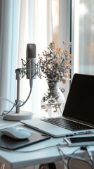 Aufkleber - Professional podcast studio setup with a microphone and laptop on a clean white desk