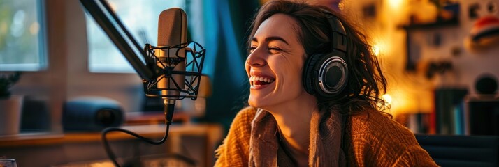 Poster - Female podcaster laughing while recording a show with professional mic in sunlit home studio.