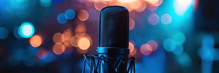 Aufkleber - Professional studio microphone against blurred background colorful bokeh, recording ambiance