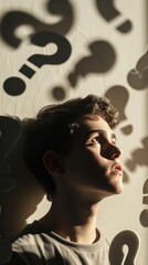 Poster -  young boy with question marks cast on the wall, reflecting a moment of curiosity and thought