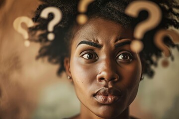 Poster - African American woman encircled by floating question marks, expression of curiosity, deep thought.