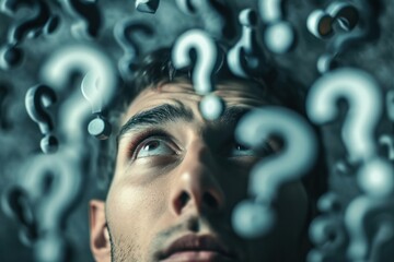 Poster - Close-up of a man face looking up, surrounded by floating question marks depicting contemplation.