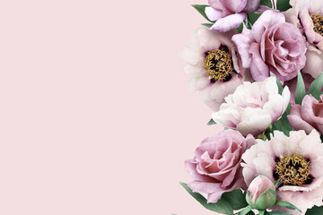 Wall Mural - Floral banner, header with copy space. Pink  peony and roses isolated on pastel background. Natural flowers wallpaper or greeting card.