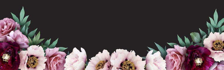 Wall Mural - Floral banner, header with copy space. Pink  peony and roses isolated on dark background. Natural flowers wallpaper or greeting card.