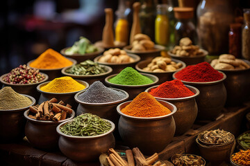 Sticker - A diverse array of spices and herbs arranged in a market stall, offering a sensory journey into the world of culinary delights. Concept of gastronomic exploration. Generative Ai.