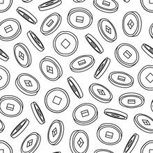 Hand Drawn Seamless Pattern Of Chinese Coins On Transparent Background