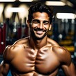 photograph of a smiling handsome Latino male athlete in a gym,  sweaty after exercising