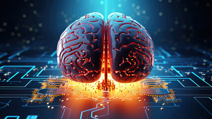 Poster - Double exposure of a creative hologram of a human brain microchip. Generative Ai