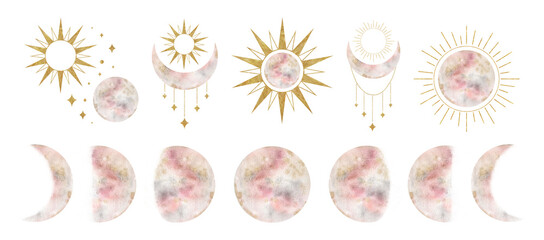 Set of crescent moon, sun, floral elements. Moon, sun and. Isolated watercolor illustration on the topic of astrology and esotericism. Magic celestial clipart for design, print, fabric or background