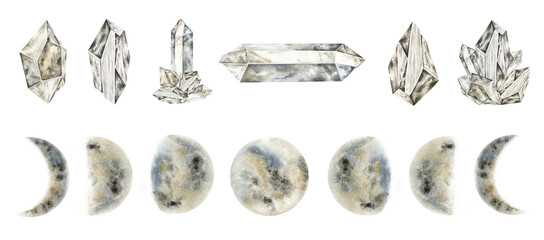 set of various phases of gray moon, magic crystals. crescent moon and semi-precious stones. isolated