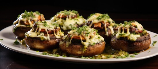 Wall Mural - Broccoli and cheese-stuffed roasted cremini mushrooms
