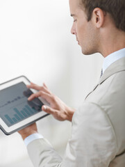 Aufkleber - Business man, tablet screen and graphs, charts or data analysis for financial report, increase in revenue or profit. Professional trader or auditor with account management and digital statistics