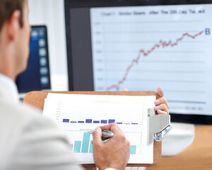 Poster - Business person, documents and statistics on computer screen for data analysis, financial report and revenue review. Accountant or auditor with clipboard for graphs, charts and increase of profit
