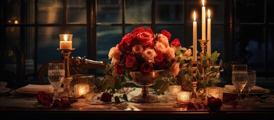 Wall Mural - Rose and candlelit table displayed with sophistication.