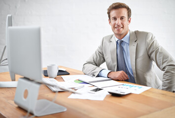Poster - Business man, accountant portrait and documents, calculator and paperwork for planning at office desk. Professional auditor or happy corporate worker with statistics for accounting data or budget