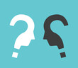 Two opposite question shaped heads. Communication, difference, conflict, debate, misunderstanding, discussion and dispute concept. Flat design. EPS 8 vector illustration, no transparency, no gradients