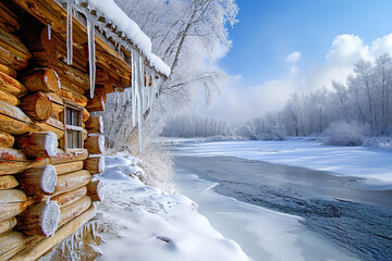 Sticker - Show a charming log cabin situated by a frozen river in a winter wonderland setting. 