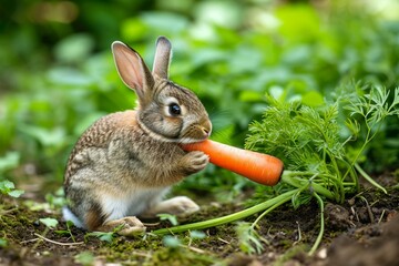 Rabbit in a garden proudly holding a freshly harvested carrot the earthy colors and textures creating a wholesome and picturesque image of natural delight