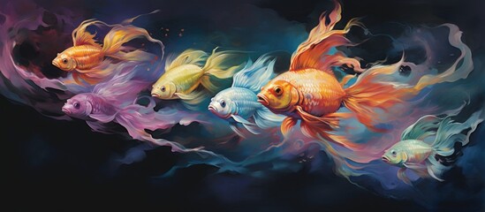 Wall Mural - Colorful fish glide gracefully, creating ripples--a tranquil aquatic ballet beneath the open sky.