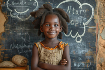 Education activities in classroom at school, smart African girl thinking, copy space