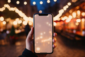 Smartphone with white screen in the hands of a man on the background of the Christmas market .