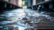 A Stream Of Water Flowing Into A Drainage Grate On The Street Of A City