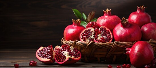 Sticker - Italian pomegranates in a basket on wooden planks.