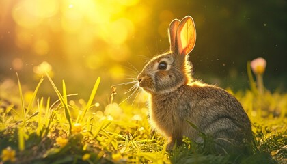 Rabbits frolicking in a sunlit meadow their fluffy fur illuminated by the warm golden glow