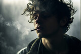 Fototapeta  - Ein rauchender junger Mann mit einer Zigarette im Mund, düstere und traurige Stimmung 