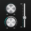 © StudioGraphic - Music button technology, volume settings, volume control. Metal interface buttons collection for power volume playback control. Audio dashboard tumblers with stereo control scales. Vector illustration