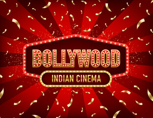 Indian cinema in Bollywood. Movie banner or poster in retro style. Retro lightboxes, cinema signs or billboard signage. Retro light sign. Vintage style banner. Vector illustration