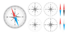 Glossy Bright Vintage Compass Analog Display In A Metal Case With Wind Rose. Navigation Compass With A Set Of Additional Dials, Compass Roses And Arrows. Vector Illustration