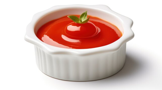 Tomato sauce in ramekin isolated on white background