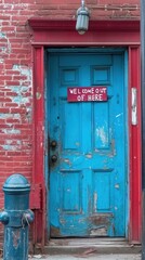 Poster - A blue door with a sign that says welcome out of here, AI