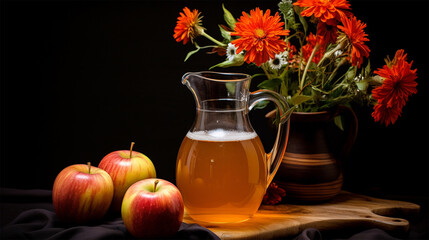 Wall Mural - a jug of apple juice or drink surrounded by apples on a dark background, with space for text. 