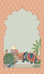 Wall Mural - Mughal decorative garden, arch, peacock pattern frame with elephant and plants illustration for invitation