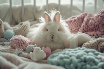 Wall Mural - Angora rabbit with a playful expression surrounded by soft toys and cushions creating an adorable and whimsical scene of domestic bliss