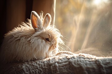 Wall Mural - Angora rabbit with luscious fur basking in the soft morning light its luxurious coat reflecting a spectrum of warm tones
