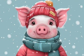 Wall Mural - cartoon pig wearing winter clothes
