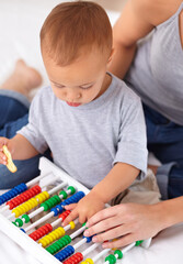 Canvas Print - Abacus, toy and baby with mother playing, learning and teaching for child development on bed. Math, bonding and closeup of mom helping kid, infant or toddler with counting in bedroom at home.