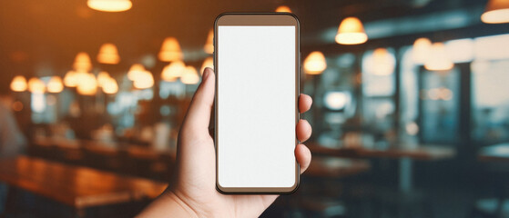 mockup of a hand holding mobile phone with blank white screen in cafe